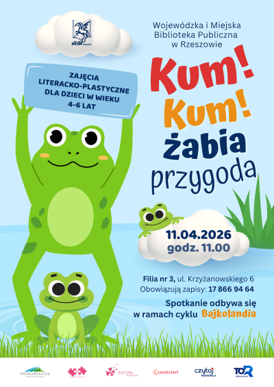 Grafika promująca spotkanie dla dzieci Kum kum żabia przygoda